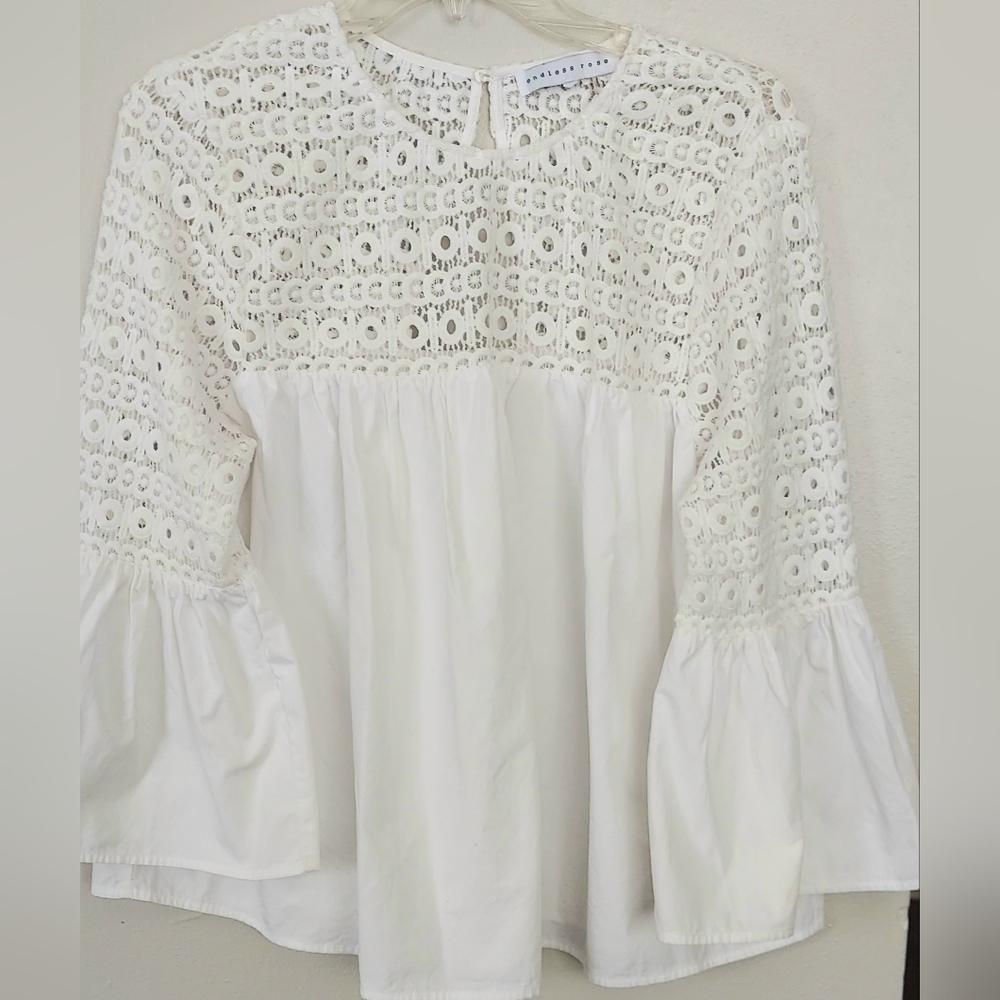 Endless Rose Lace With Poplin Bell Sleeve Crochet Eyelet Boho White Sz L